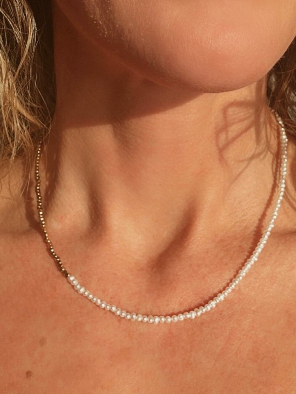 Waterproof Pearl + Sparkly Gold Beaded Necklace Summer Jewelry June Birthstone